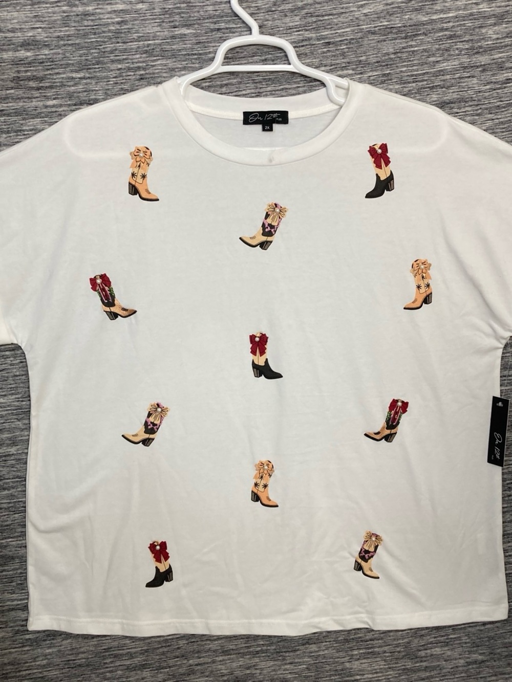 Women’s White Short Sleeve Tee with Embroidered Boot Motif